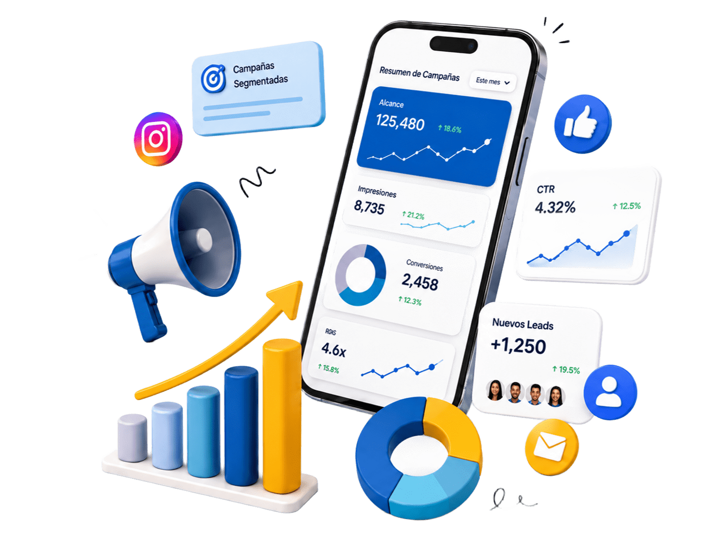 Ilustración de campañas de marketing en un celular con métricas y redes sociales