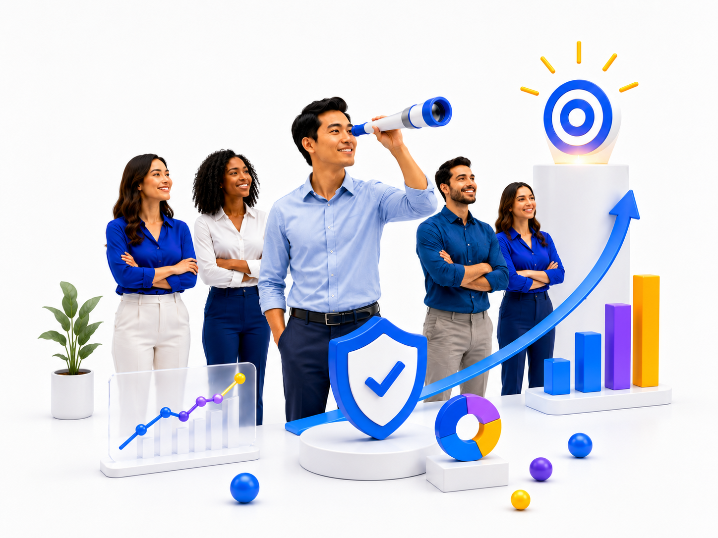 Ilustración 3D de Liderum Group: equipo de estrategas junto a datos, target y crecimiento
