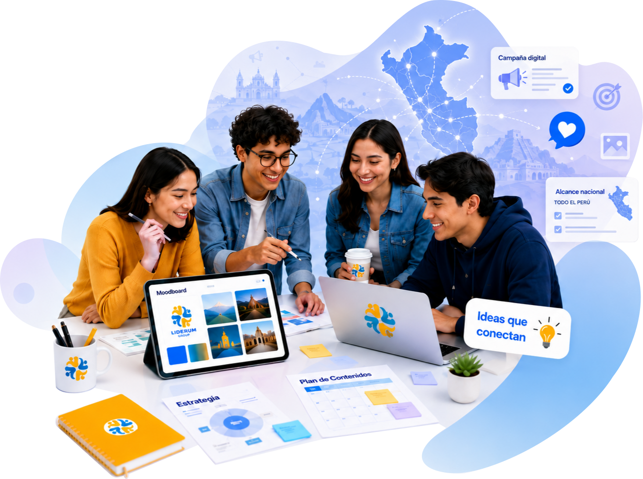 Equipo de Liderum Group trabajando en estrategia, branding y contenido en Perú