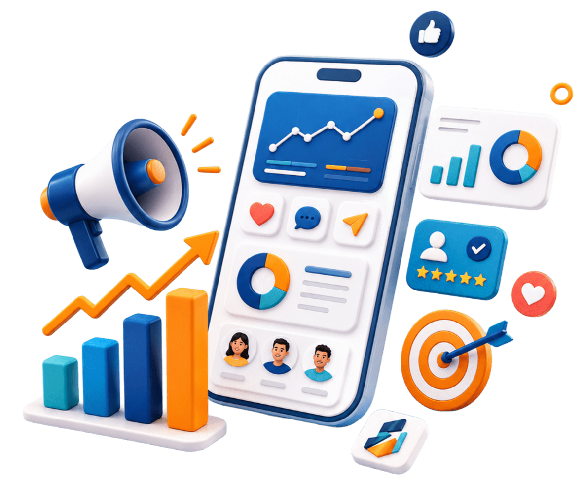 Ilustración recortada de Marketing Digital: embudo, analytics y segmentación