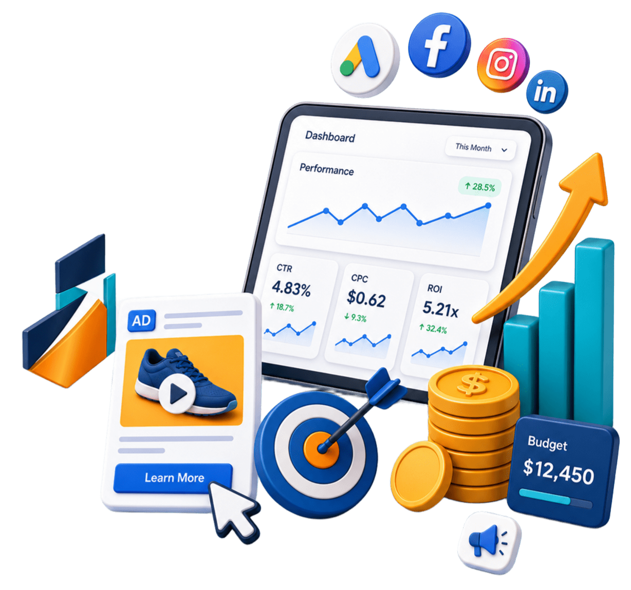 Ilustración recortada de Paid Media: dashboard de pauta, CTR, CPC y ROI