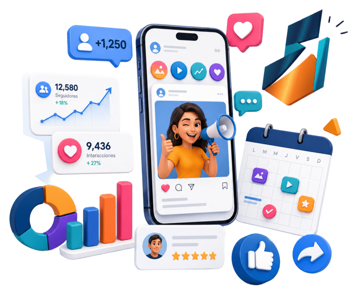 Ilustración recortada de Gestión de Redes Sociales: celular, métricas y calendario